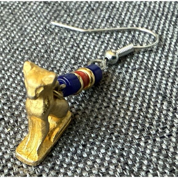 Egyptian Revival Cat Lover Bastet Dangle Pierced Earrings Pewter Carnelian Beads - Picture 8 of 11